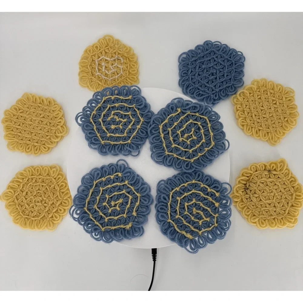 Vtg Handmade Loom Crochet Coasters-4 Blue/Yellow-1‎ Blue-4 Yellow-1 Yellow/White